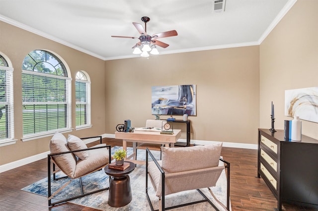 home office with ceiling fan, a wealth of natural light, dark wood-style flooring, and visible vents
