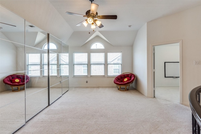 12532 Princess Dr, Frisco, TX 75035 - recreation room with carpet flooring, a ceiling fan, and lofted ceiling