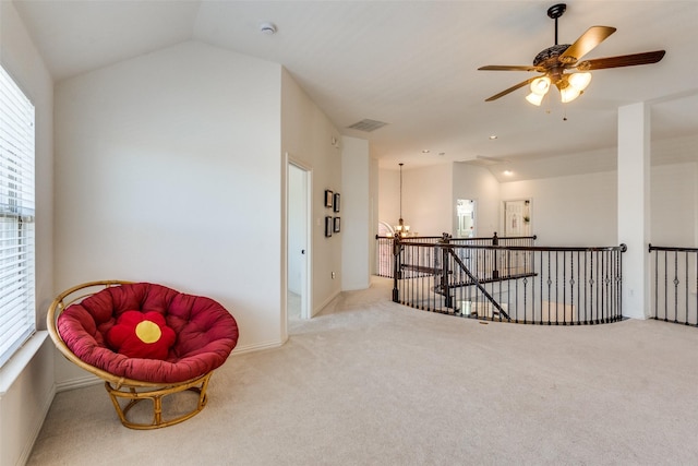 12532 Princess Dr, Frisco, TX 75035 - sitting room featuring a chandelier, an upstairs landing, healthy amount of natural light, carpet, and vaulted ceiling