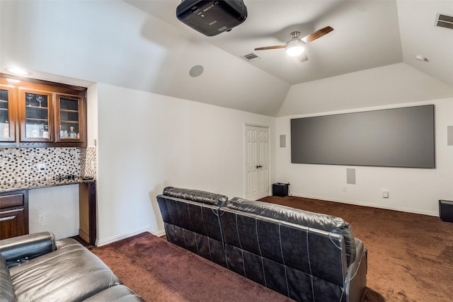 12532 Princess Dr, Frisco, TX 75035 - home theater with carpet flooring, ceiling fan, lofted ceiling, and baseboards