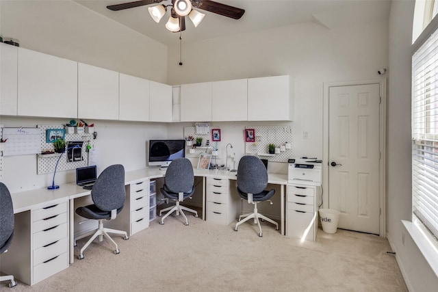 12532 Princess Dr, Frisco, TX 75035 - office area featuring light colored carpet, ceiling fan, and high vaulted ceiling
