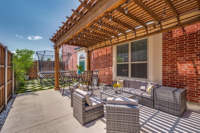 12532 Princess Dr, Frisco, TX 75035 - fenced backyard with a trampoline, a pergola, outdoor lounge area, a patio area, and outdoor dining area