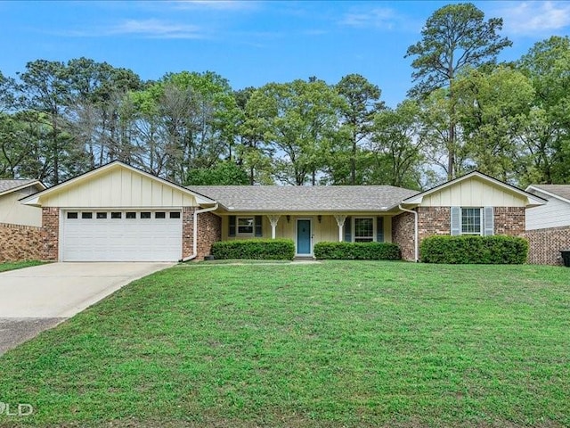 ranch-style home with concrete driveway, board and batten siding, a front lawn, brick siding, and a garage