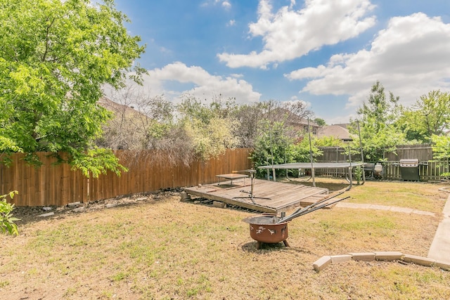 4920 Marineway Dr, Fort Worth, TX 76135 - fenced backyard featuring a trampoline and a deck