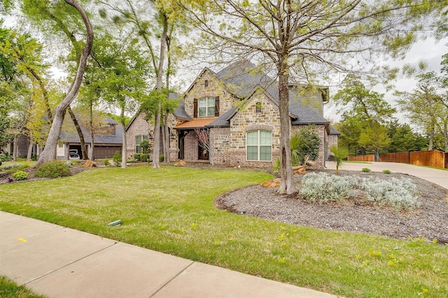 french country home featuring stone siding, concrete driveway, fence, brick siding, and a front lawn