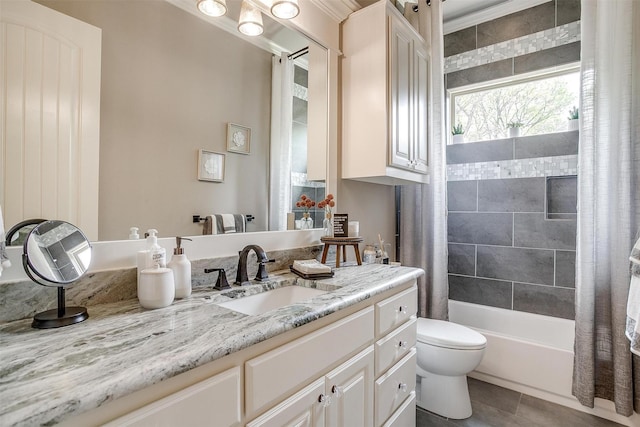 bathroom with shower / tub combo with curtain, toilet, tile patterned floors, and vanity