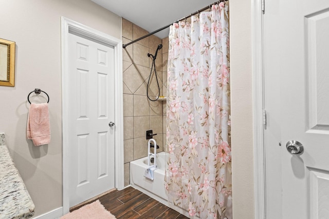 1321 S Montgomery St, Sherman, TX 75090 - full bathroom with shower / tub combo with curtain and wood finished floors