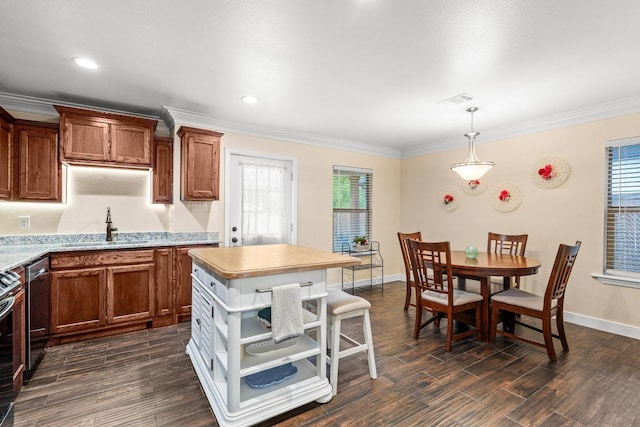1321 S Montgomery St, Sherman, TX 75090 - kitchen featuring a sink, ornamental molding, light countertops, healthy amount of natural light, and open shelves