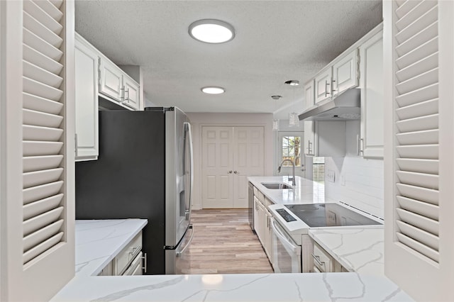 1581 Glenmore Dr, Lewisville, TX 75077 - kitchen featuring stainless steel fridge, white electric stove, under cabinet range hood, light stone countertops, and a sink