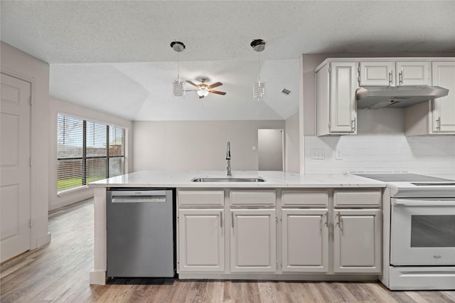 1581 Glenmore Dr, Lewisville, TX 75077 - kitchen featuring white electric range oven, a ceiling fan, under cabinet range hood, dishwasher, and a sink