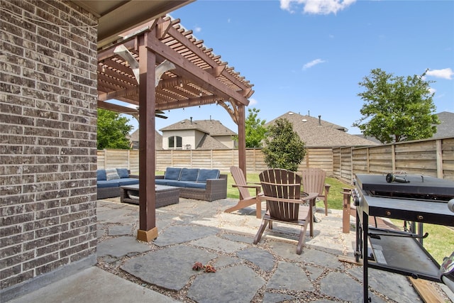 813 Pier St, Little Elm, TX 76227 - view of patio / terrace with outdoor lounge area, a fenced backyard, a pergola, and grilling area