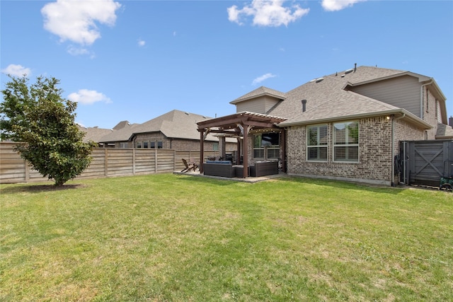 813 Pier St, Little Elm, TX 76227 - back of property featuring a pergola, brick siding, roof with shingles, an outdoor living space, and a patio area