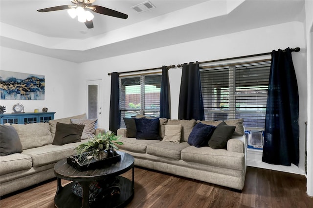 14649 Martin Creek Cv, Fort Worth, TX 76262 - living room featuring a tray ceiling, ceiling fan, and wood finished floors