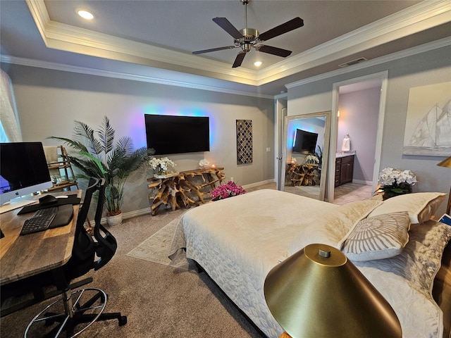 4805 Saddleback Ln, Wichita Falls, TX 73608 - bedroom with a raised ceiling, crown molding, a desk, light carpet, and baseboards