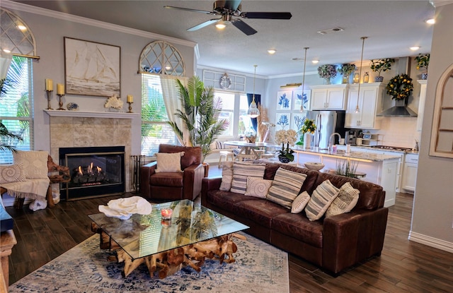 4805 Saddleback Ln, Wichita Falls, TX 73608 - living area featuring dark wood-style floors, ceiling fan, crown molding, a fireplace, and baseboards