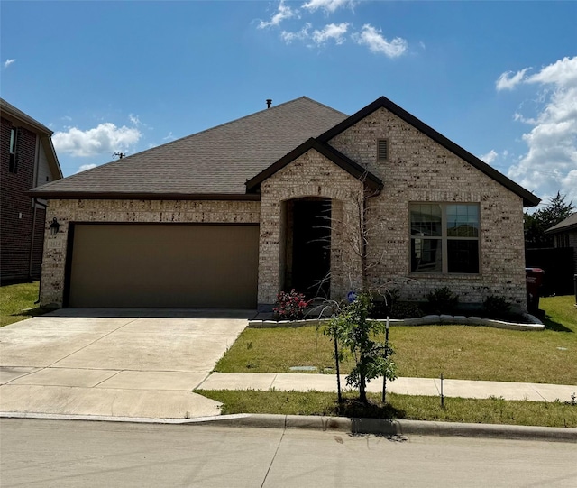 french provincial home with a front lawn, driveway, brick siding, and a garage