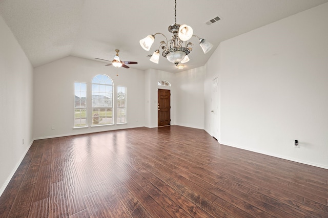 8329 Rolling Rock Dr, Fort Worth, TX 76123 - interior space featuring visible vents, baseboards, dark wood-style floors, ceiling fan with notable chandelier, and vaulted ceiling