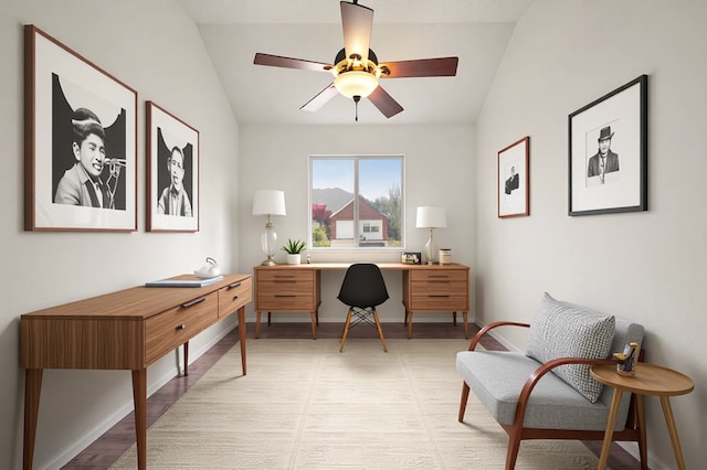 8329 Rolling Rock Dr, Fort Worth, TX 76123 - office area featuring a ceiling fan, baseboards, vaulted ceiling, and light wood finished floors