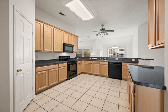 8329 Rolling Rock Dr, Fort Worth, TX 76123 - kitchen featuring visible vents, light brown cabinets, ceiling fan with notable chandelier, light tile patterned floors, and black appliances