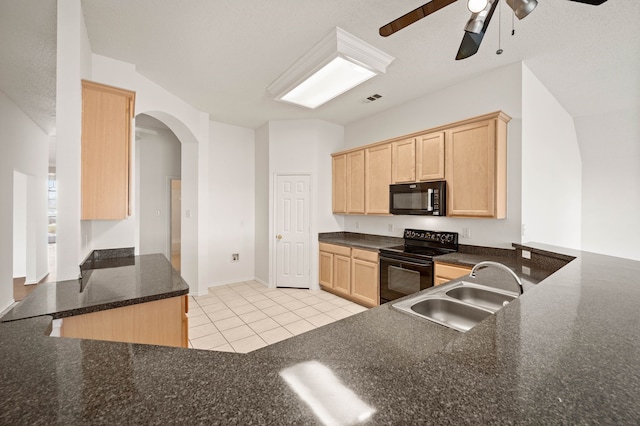8329 Rolling Rock Dr, Fort Worth, TX 76123 - kitchen featuring light brown cabinetry, arched walkways, a sink, and black appliances