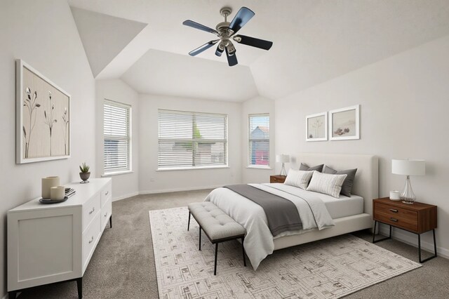 8329 Rolling Rock Dr, Fort Worth, TX 76123 - bedroom with baseboards, ceiling fan, light carpet, and vaulted ceiling