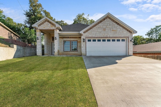 3504 Keyridge Dr, Dallas, TX 75241 - view of front facade with stone siding, a garage, concrete driveway, and a front yard