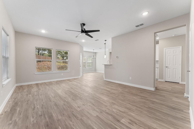 3504 Keyridge Dr, Dallas, TX 75241 - unfurnished living room with ceiling fan, light wood-style flooring, baseboards, and recessed lighting
