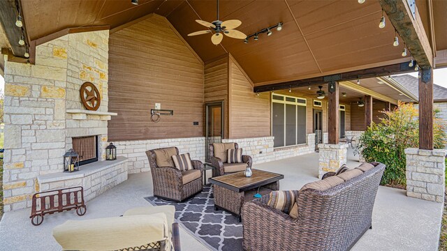 169 Star Point Ln, Weatherford, TX 76088 - view of patio featuring an outdoor living space with a fireplace and ceiling fan