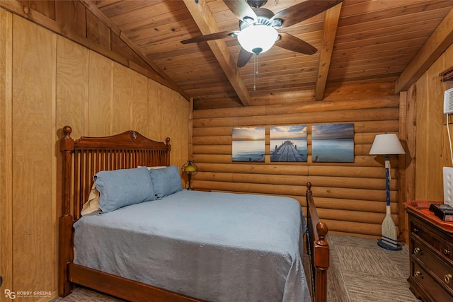 carpeted bedroom with wooden ceiling, lofted ceiling with beams, and log walls