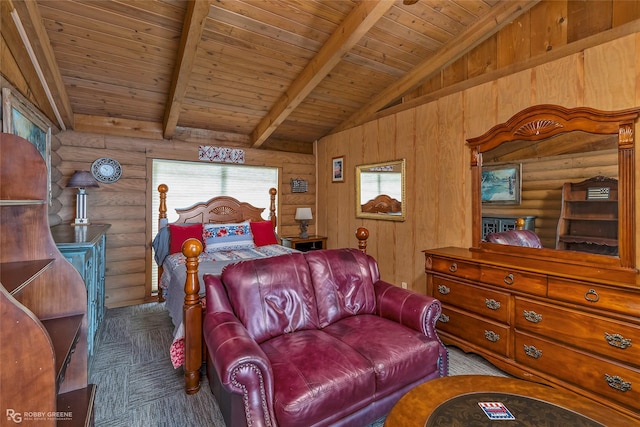 bedroom featuring carpet floors, vaulted ceiling with beams, and wooden ceiling
