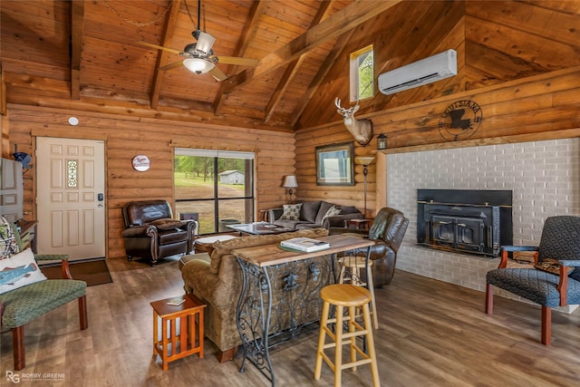 living room with high vaulted ceiling, wooden ceiling, a wall unit AC, and wood finished floors