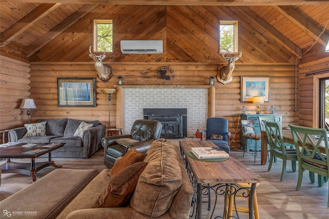 living area featuring wood ceiling, high vaulted ceiling, wood finished floors, and a wall mounted air conditioner