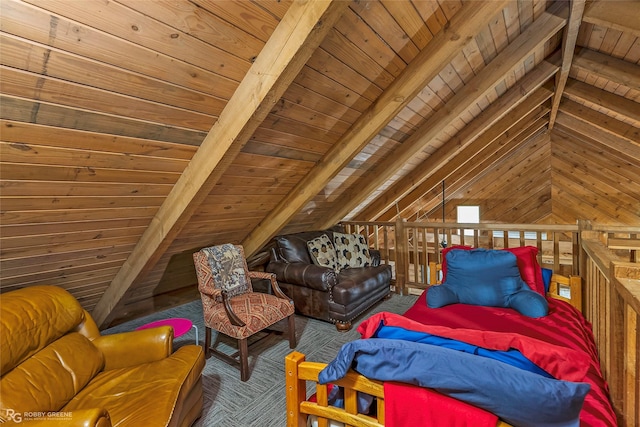 living area featuring wood walls, wood ceiling, and vaulted ceiling with beams