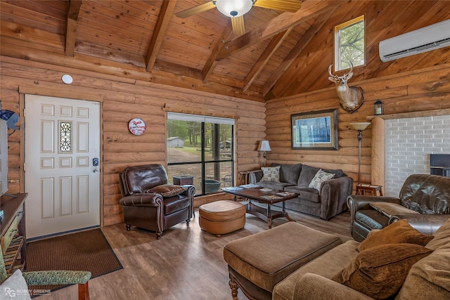 living area featuring an AC wall unit, beam ceiling, high vaulted ceiling, wooden ceiling, and wood finished floors