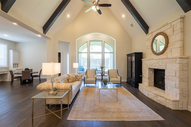 2813 Maverick Way, Celina, TX 75009 - living room featuring high vaulted ceiling, beam ceiling, dark wood-type flooring, baseboards, and recessed lighting