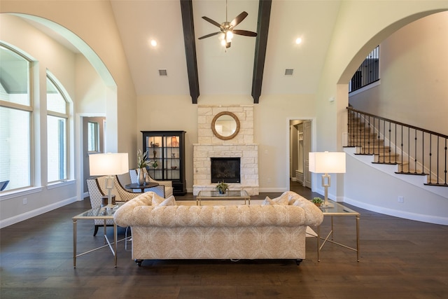 2813 Maverick Way, Celina, TX 75009 - living room featuring high vaulted ceiling, dark wood-type flooring, a ceiling fan, baseboards, and beamed ceiling