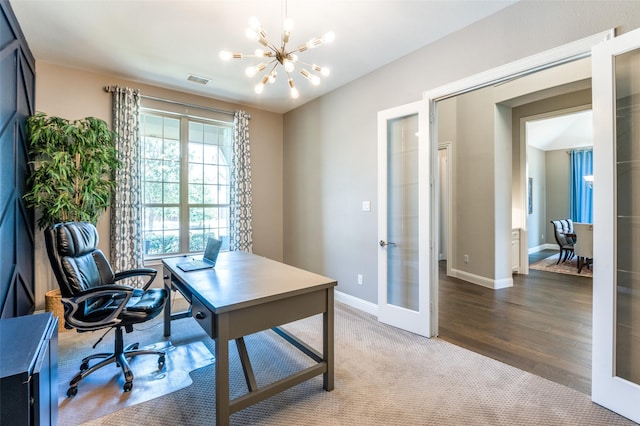 2813 Maverick Way, Celina, TX 75009 - carpeted office space featuring french doors, a chandelier, baseboards, and wood finished floors