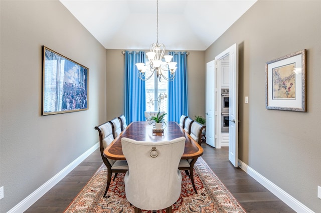 2813 Maverick Way, Celina, TX 75009 - dining area featuring a chandelier, dark wood finished floors, lofted ceiling, and baseboards