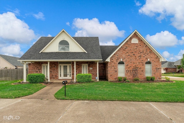 view of front facade with a front yard, covered porch, roof with shingles, fence, and brick siding