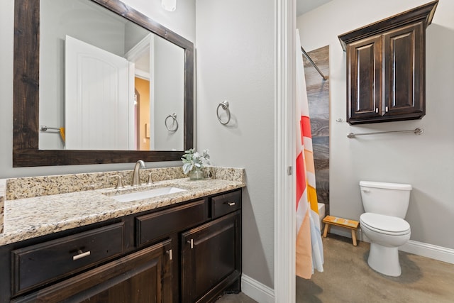14088 Windrow Dr, Talty, TX 75126 - bathroom featuring vanity, toilet, baseboards, and shower / tub combo with curtain