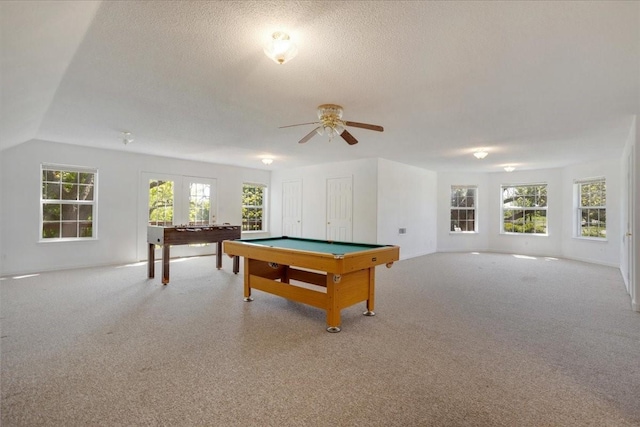 game room with carpet floors, ceiling fan, plenty of natural light, and pool table