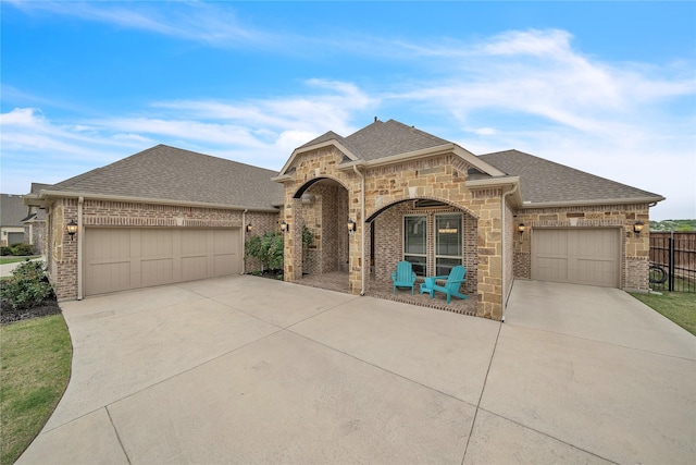 french country style house with a garage, roof with shingles, brick siding, and concrete driveway