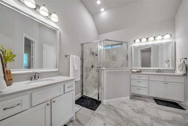 full bathroom with vaulted ceiling, marble finish floor, a stall shower, and a sink