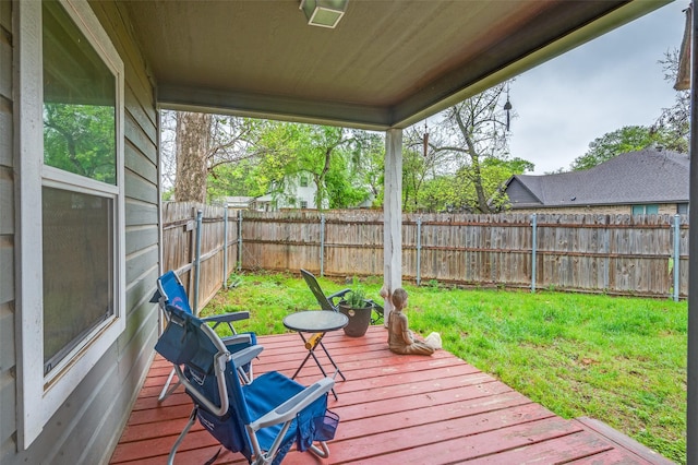 deck featuring a fenced backyard and a lawn