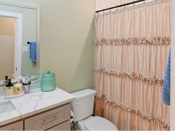 100 Winchester Cir, Gun Barrel City, TX 75156 - bathroom featuring toilet, a shower with shower curtain, and vanity