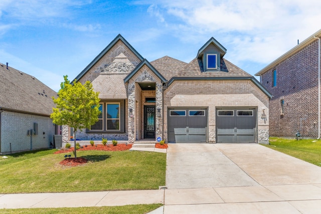 3432 Loftwood Ln, Anna, TX 75409 - french country inspired facade featuring driveway, brick siding, a front lawn, an attached garage, and stone siding