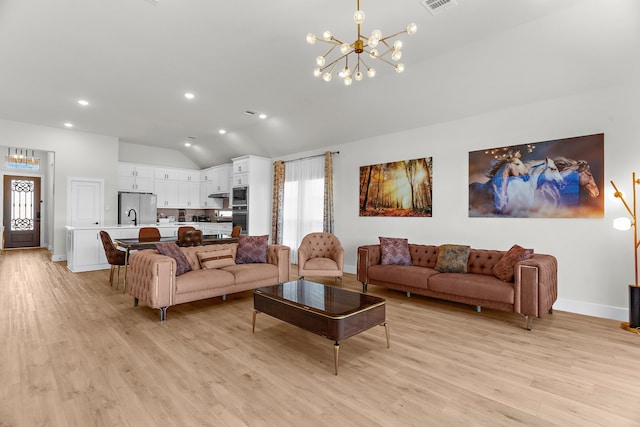 3432 Loftwood Ln, Anna, TX 75409 - living area featuring a chandelier, vaulted ceiling, light wood-type flooring, recessed lighting, and baseboards