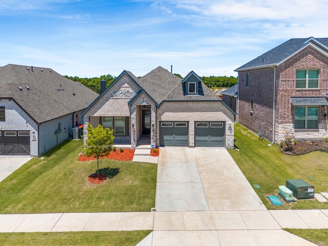 3432 Loftwood Ln, Anna, TX 75409 - french country inspired facade featuring brick siding, central air condition unit, driveway, a front lawn, and an attached garage