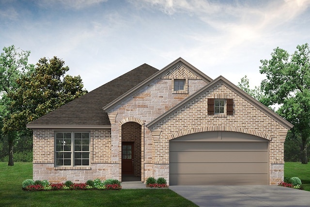 french country inspired facade with a garage, stone siding, concrete driveway, and brick siding