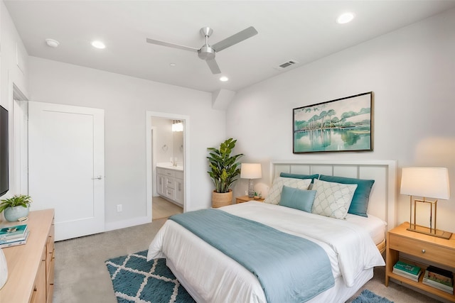 4914 Live Oak St Unit 7, Dallas, TX 75206 - bedroom with light colored carpet, recessed lighting, connected bathroom, a ceiling fan, and baseboards